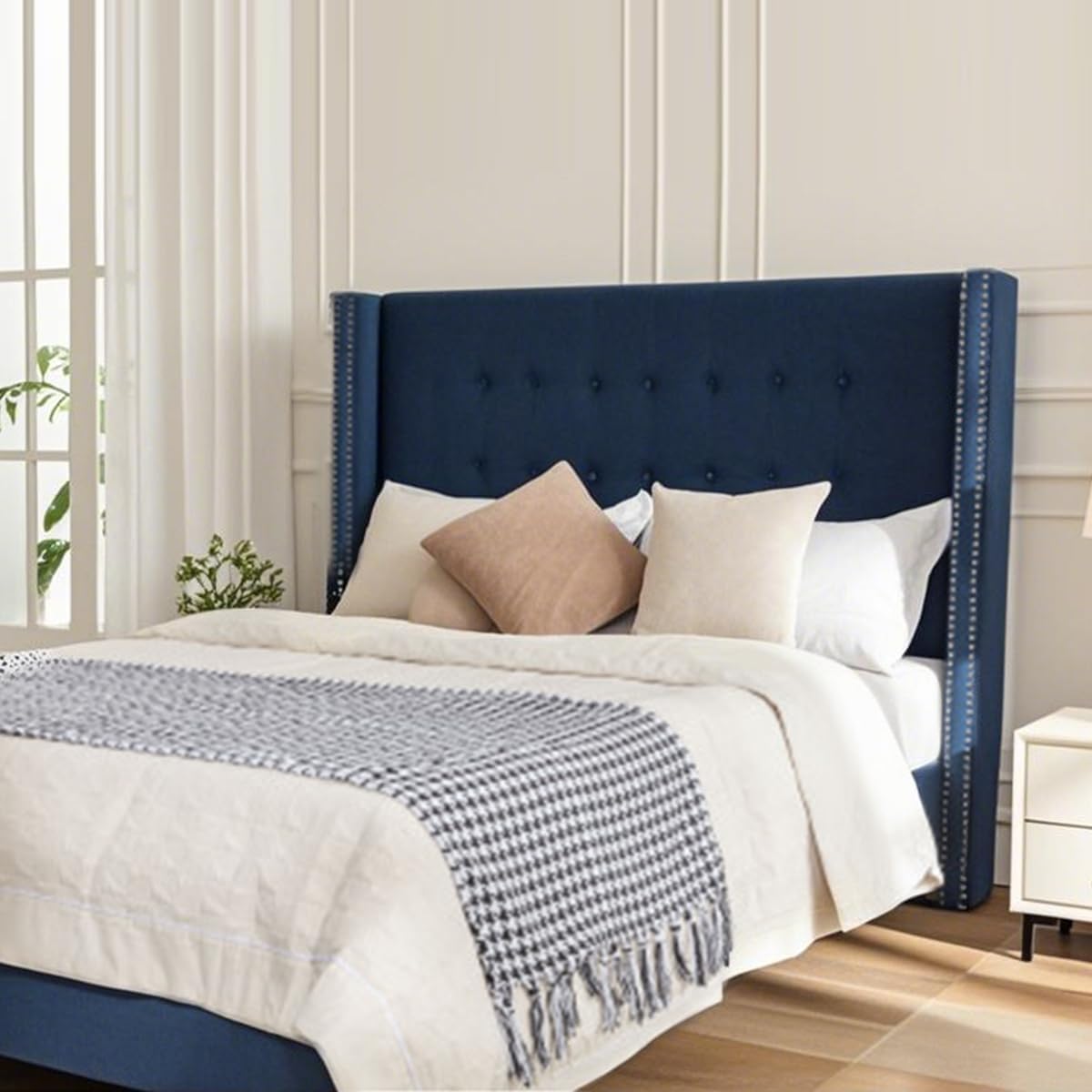 Queen Size Bed Frame,54'High Headboard Button Tufted Nailhead Trimmed Backrest Headboard,Velvet Metal Upholstered Platform Bed Frame,Wooden Slats Provide Strong Support,No Springs Required,Blue