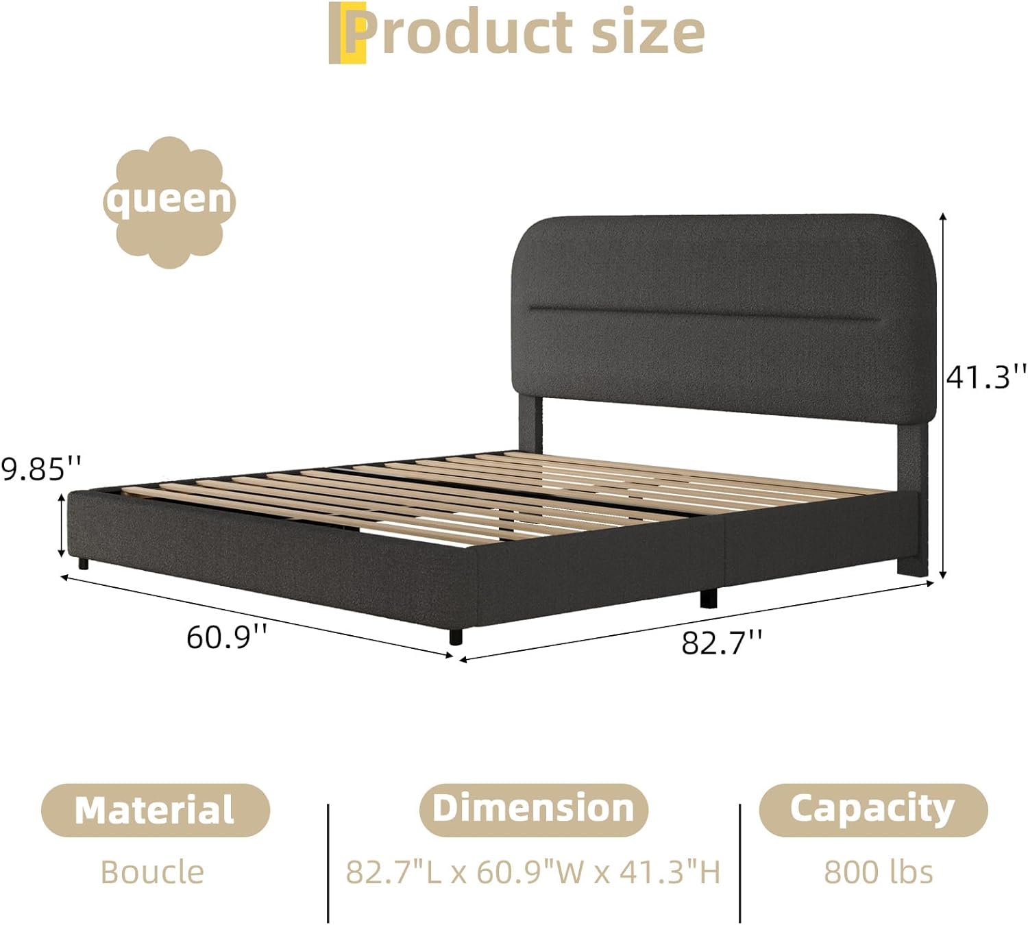 HOMBCK Queen Bed Frame with Headboard, Boucle Upholstered Soft Platform Bed Frame Queen Size with Thickened Footboard, Rounded Corners Design, No Box Spring Required, Easy Assembly, Grey