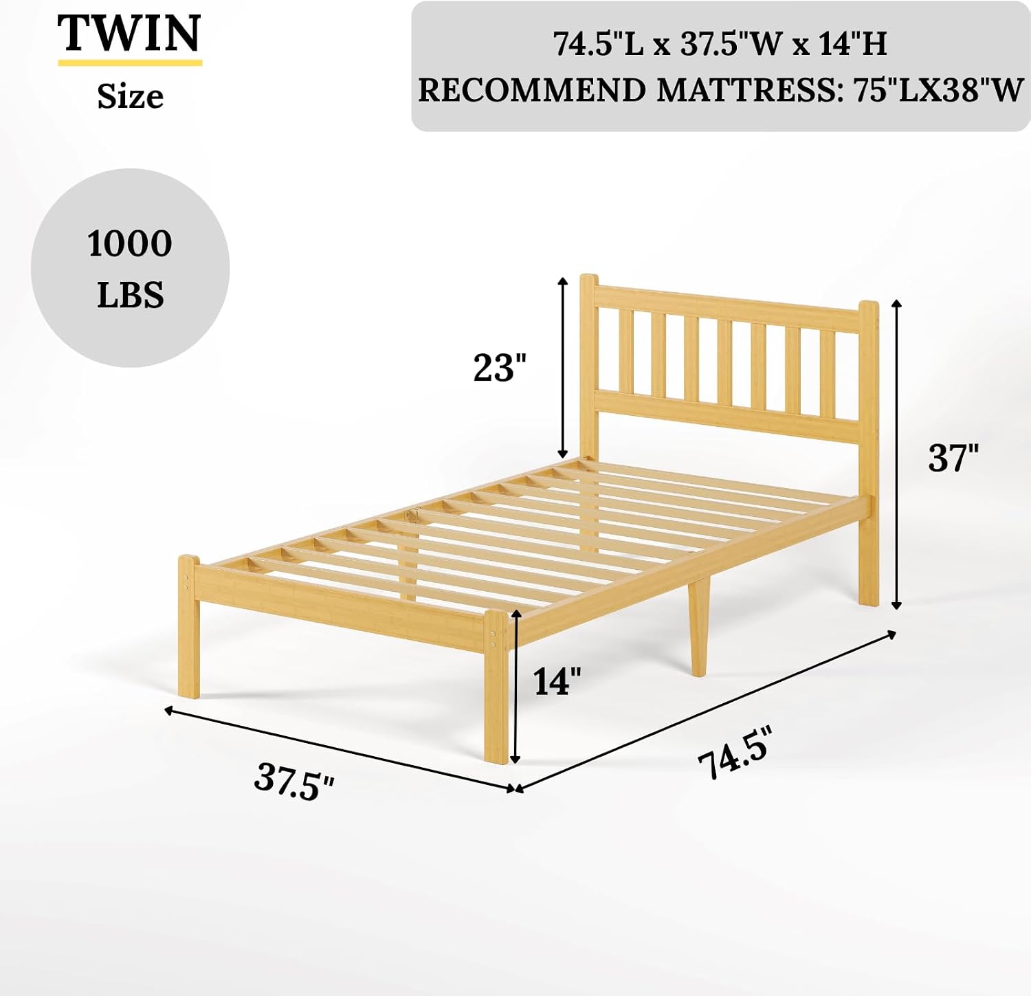 Askeld Wood Twin Bed Frame with Headboard, 14 Inch High Solid Bamboo Platform Bed No Box Spring Needed, Mid-Century Heavy Duty Bedframe, Easy Assembly, Noise Free
