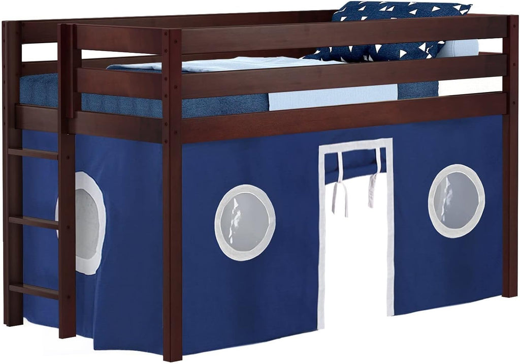 Jackpot! Contemporary Low Loft Twin Bed with End Ladder, Cherry with Blue & White Tent