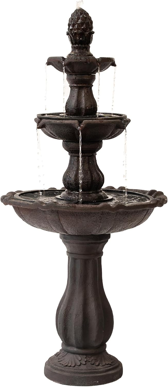 XBrand 3-Tier Freestanding Waterfall Fountain w/Pump & Pineapple Top, 51 Inch Tall, Brown, Large Outdoor Garden Fountain, Ideal for Garden, Porch, and Lawn
