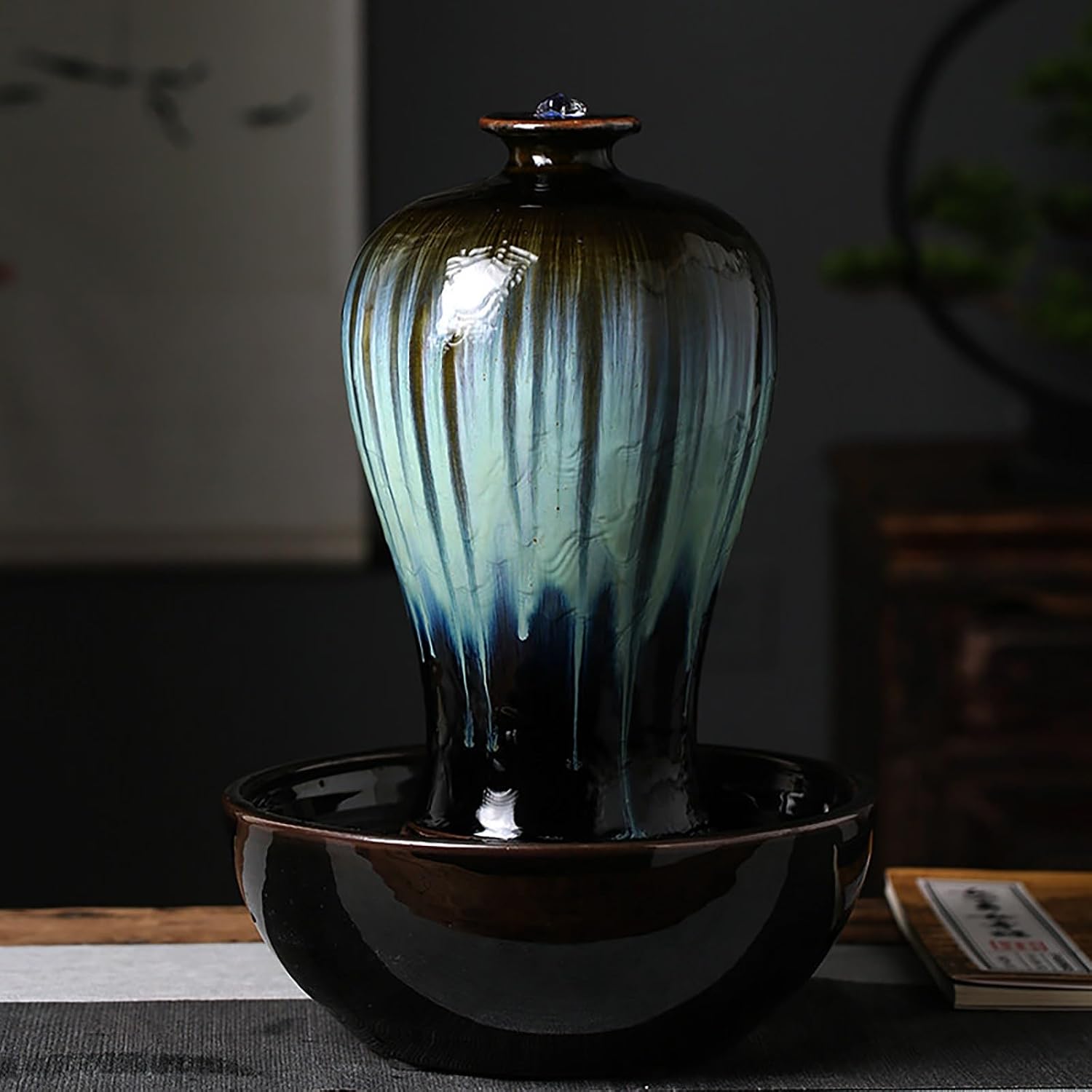Tabletop Water Fountain, Zen Relaxation, Ceramic Material, Vase Shape, Indoor Waterfall, Meditation, for Home Office Bedroom Living Room Desktop Decor(Green,11 * 11 * 15.7IN)