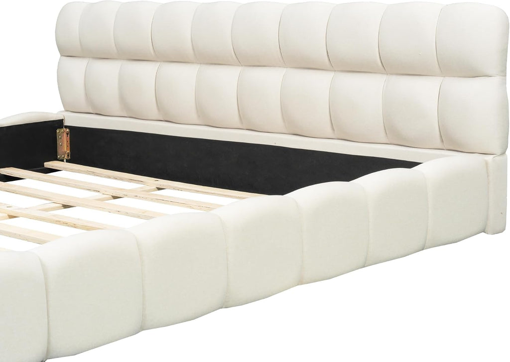 Merax Modern Tufted Platform Bed with Headboard King, Linen Upholstered Floor Bed Frame with Solid Frame, No Box Spring Needed, Beige