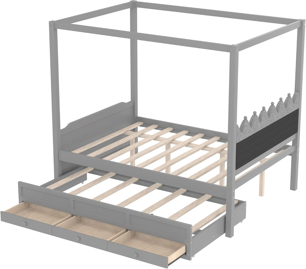 Full Size Wood Canopy Bed with Upholstered Headboard, Twin Size Trundle and 3 Drawers, No Box Spring Needed (Gray, Full)