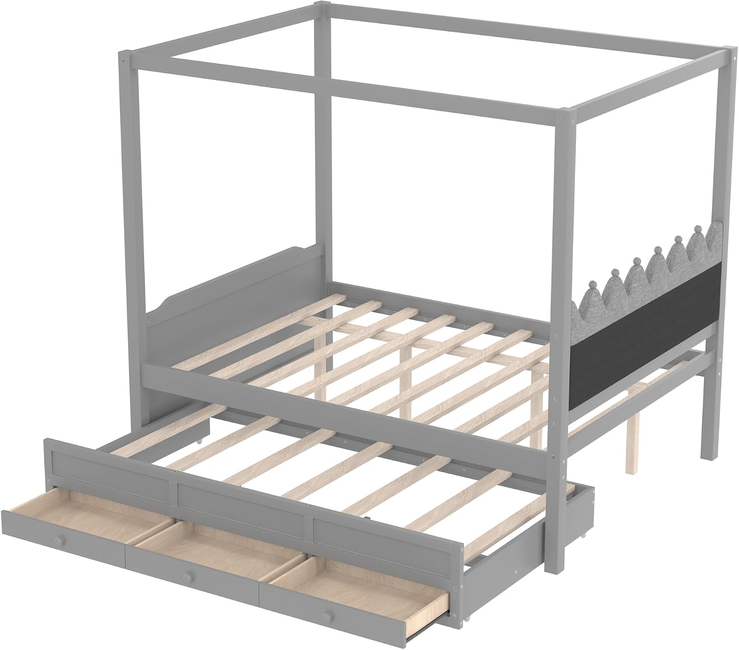 Full Size Wood Canopy Bed with Upholstered Headboard, Twin Size Trundle and 3 Drawers, No Box Spring Needed (Gray, Full)