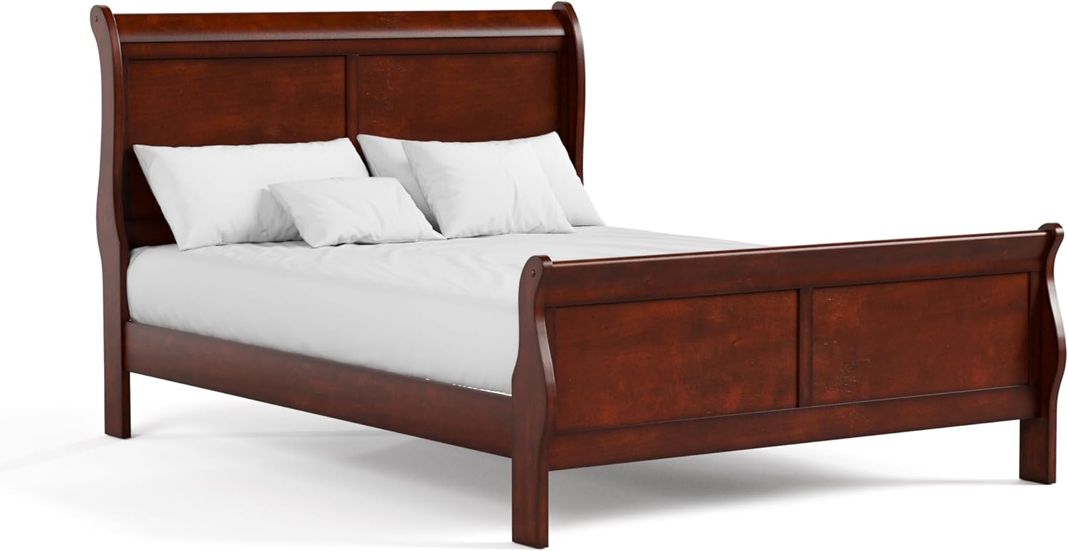 Furniture of America Arabella Traditional Solid Wood 3 Piece Bedroom Set, Queen Bed Frame and Nightstands Set of 2, Chic Sleigh Design Bedframe with Headboard and Footboard, Box Spring Needed, Cherry
