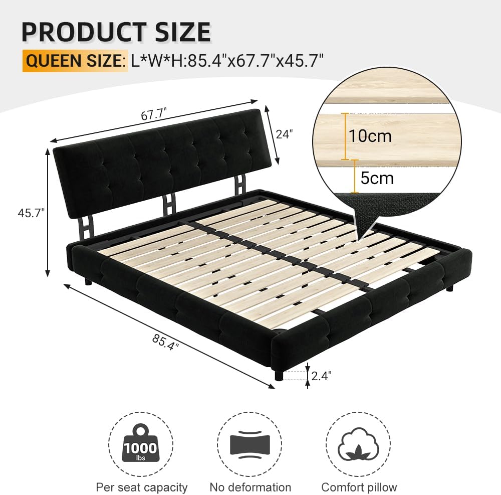 Queen Size Platform Bed Frame, Tufted Headboard with Extra-Large Ultra-Soft Cloud Pillow Design, Chenille Platform Bed with Metal and Wooden Slats Double Support, No Box Spring Needed (Black-Queen,7)