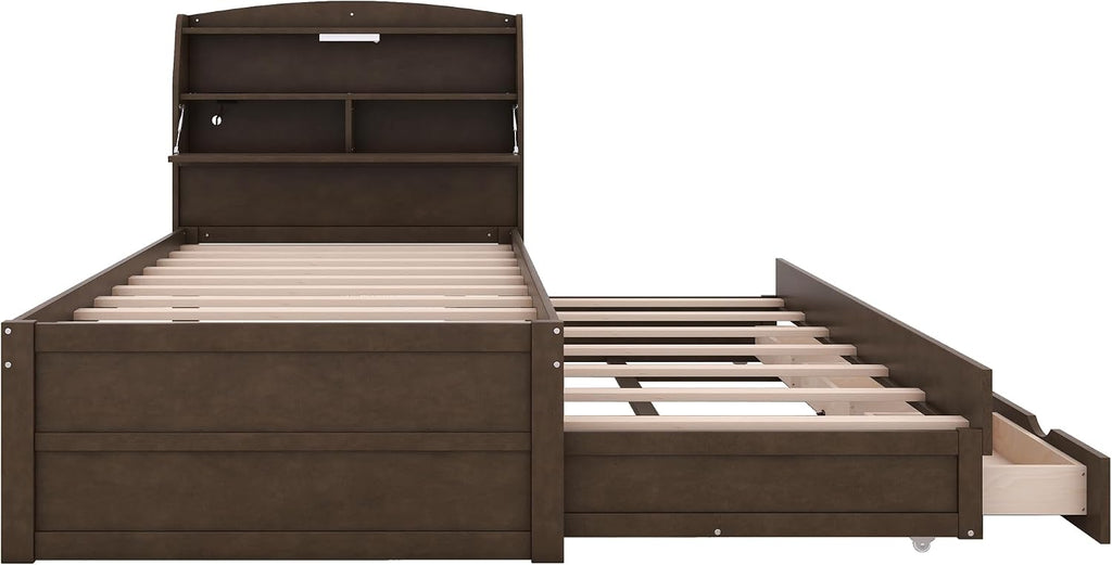 VilroCaz Modern Multi-Function Twin Size Platform Bed with Trundle and 3 Drawers, Wood Captain Platform Bed Frame with Storage Headboard and Night Light, Maximized Space
