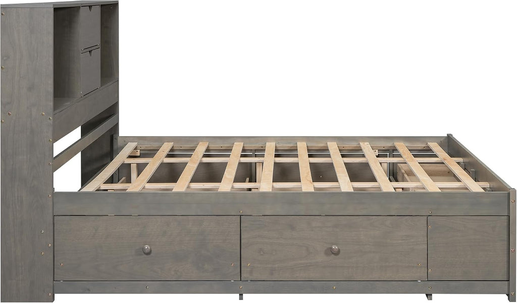 VilroCaz Wood Queen Size Platform Bed with Storage Headboard, Modern Platform Bed Captain's Bed Frame with 8 Drawers, Sturdy Slats Support, Maximize Space