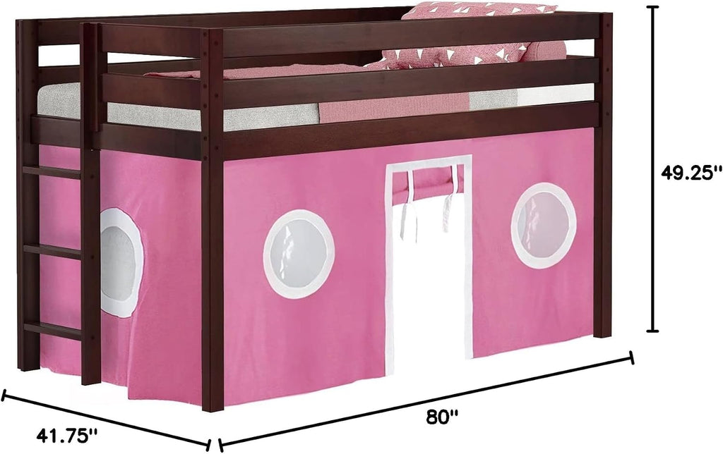 JACKPOT! Contemporary Low Loft Twin Bed with End Ladder, Cherry with Pink & White Tent