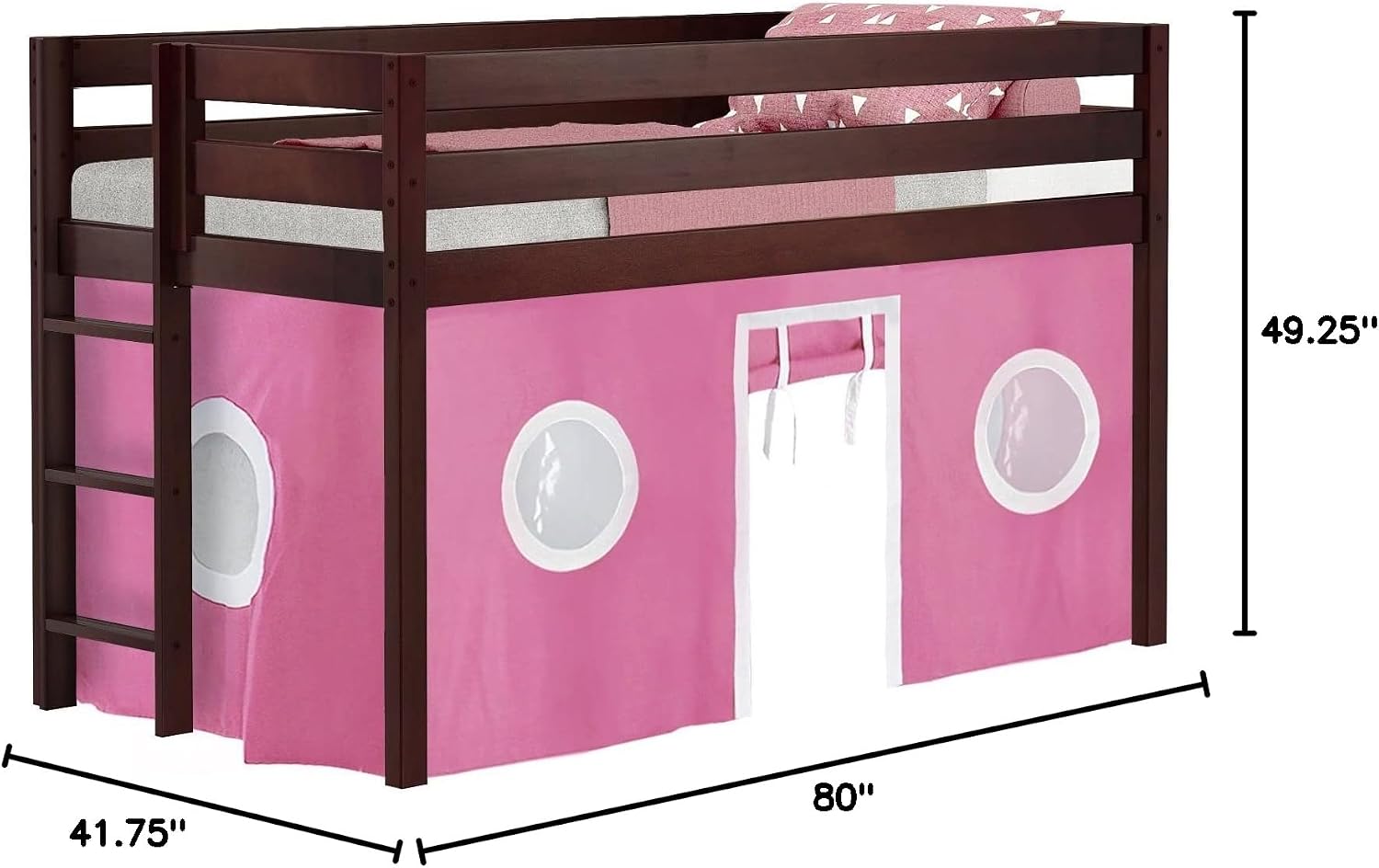 JACKPOT! Contemporary Low Loft Twin Bed with End Ladder, Cherry with Pink & White Tent