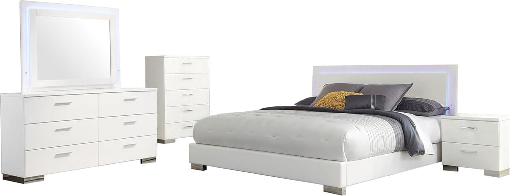 Coaster Home Furnishings Felicity Contemporary 5-Piece Bedroom Set Queen Size LED Panel Bed Frame 49-inch Headboard White High Gloss 203500Q-S5L
