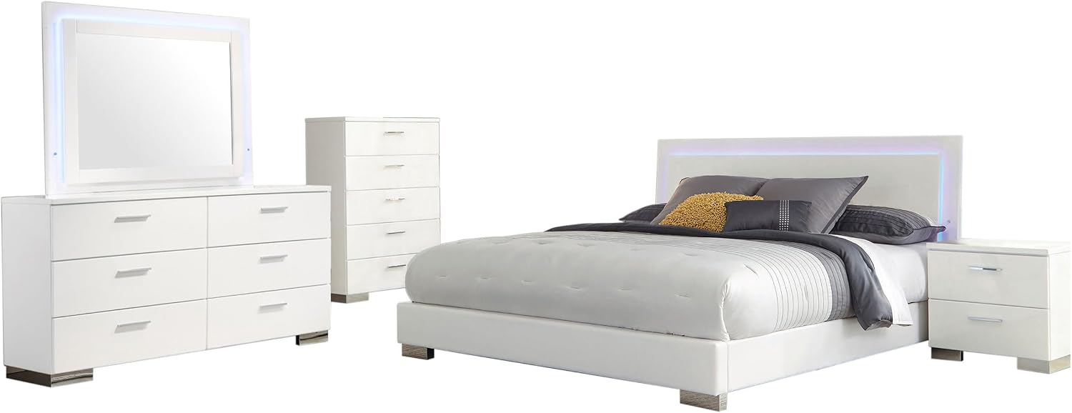 Coaster Home Furnishings Felicity Contemporary 5-Piece Bedroom Set Queen Size LED Panel Bed Frame 49-inch Headboard White High Gloss 203500Q-S5L