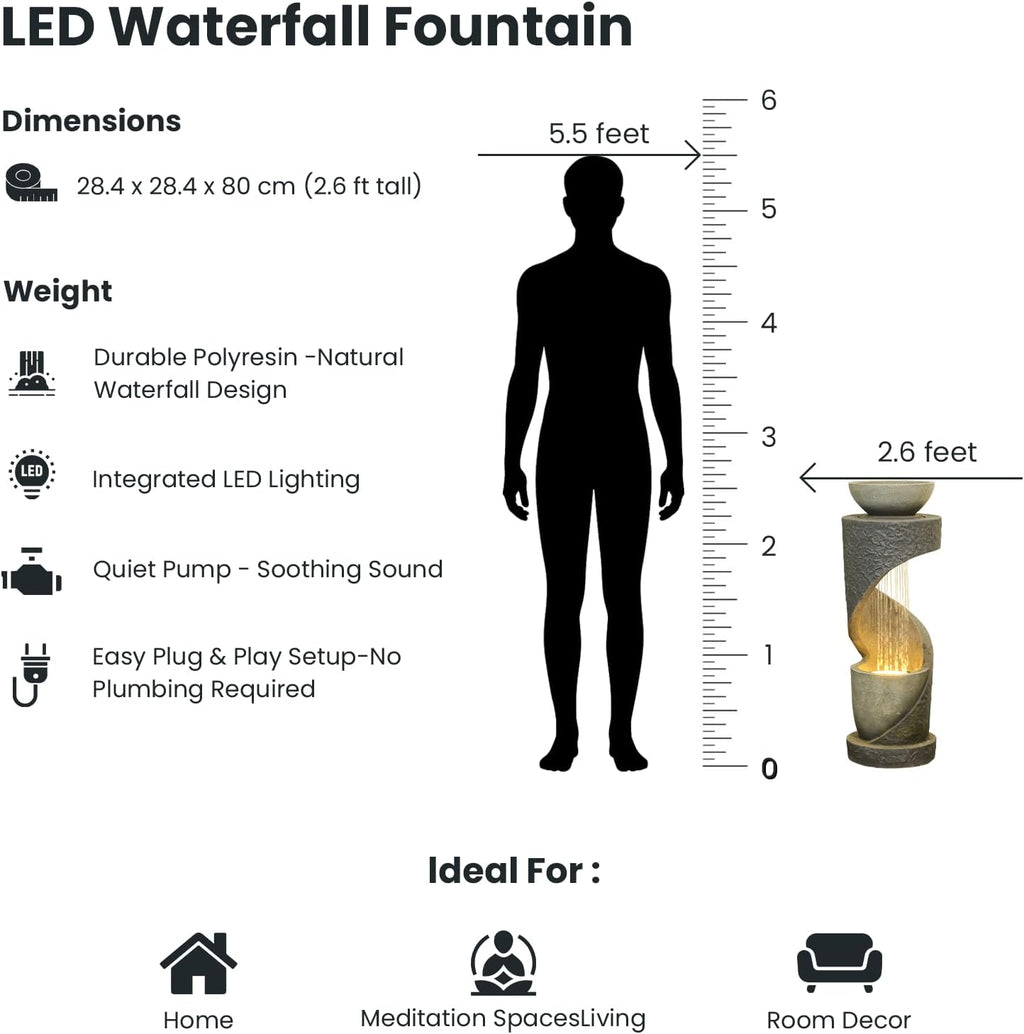 Tiered Outdoor Water Fountain, Modern Spiral Cascading Waterfall Fountain with Planter, Freestanding Resin Indoor Water Feature for Room, Garden, Patio, Deck, 31.5'H with Light Stone-Texture