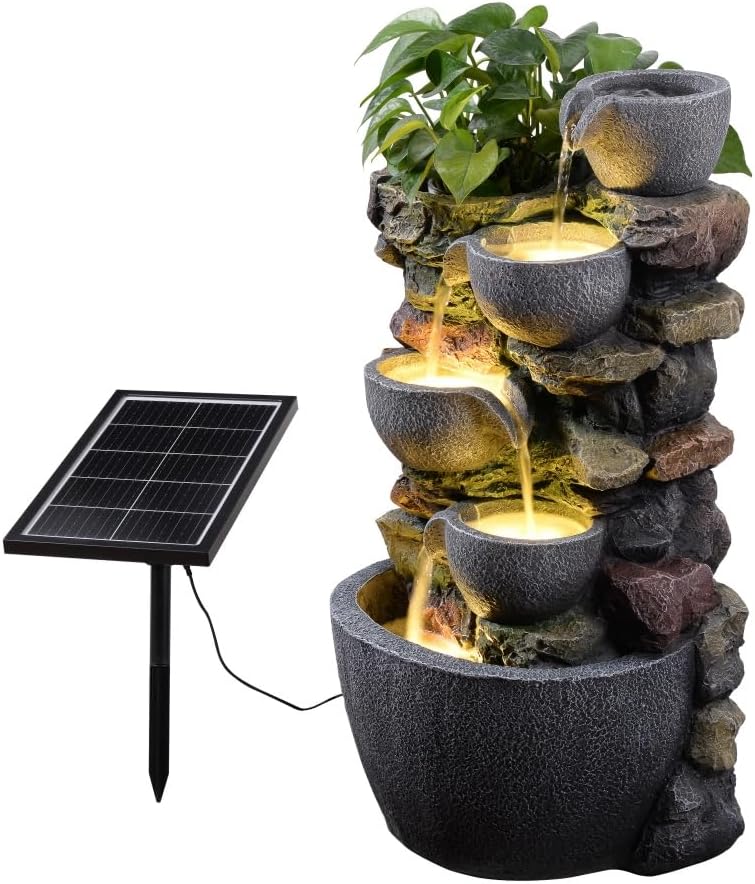 Solar Powered Water Fountain Outdoor, DIY Planter Pot Waterfall Fountain with LED Lights, Relaxing Water Feature Landscape Decor for Garden, Patio, Backyard, Home Decoration