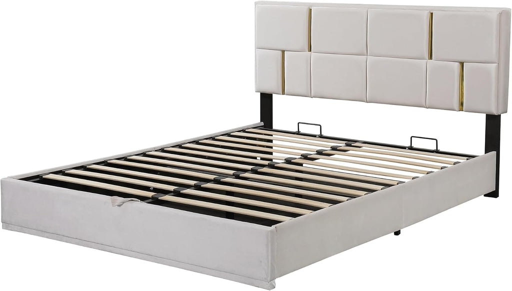 2 Pieces Bedroom Sets, Queen Size Velvet Upholstered Platform Bed with Hydraulic Storage System and Gold Decoration, Storage Ottoman with Metal Legs, Modern Design (Beige)