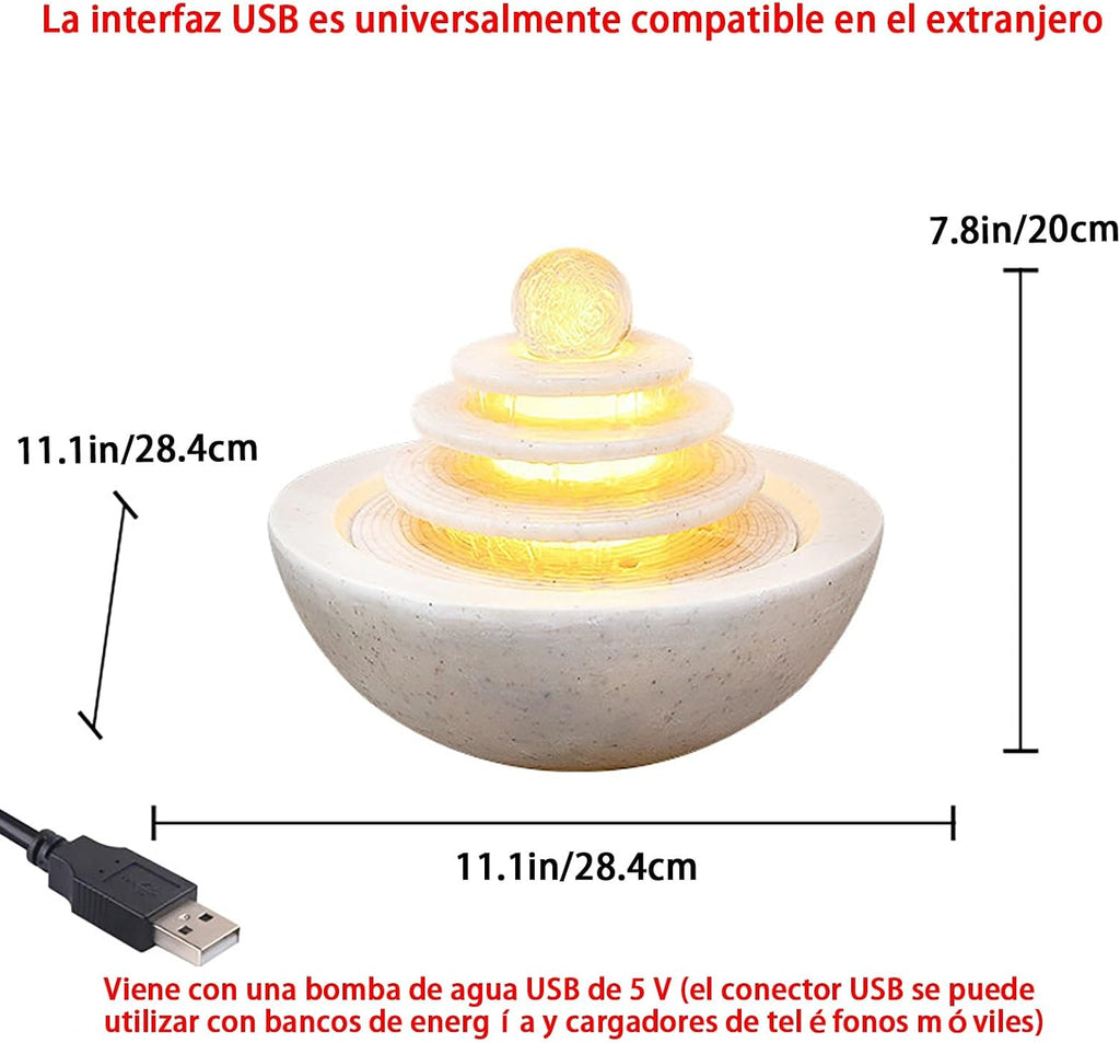 Tabletop Fountain, Indoor Waterfall with LED Lights, Relaxing Polyresin Desktop, Office Living Room Bedroom Decor(White)