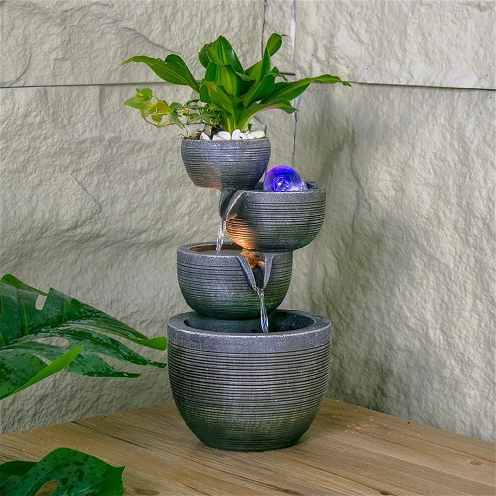 Indoor Fountain – Cascading Water Feature, Resin Fountains with LED Lights/Rolling Ball/Automatic Pump for Home, Decorative Tabletop Waterfall with Pot to Grow Plant by Yourself(A)
