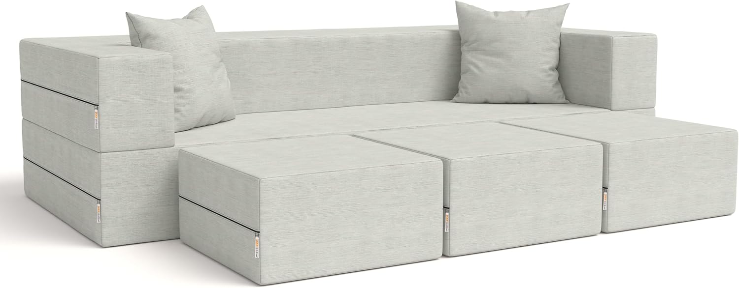 Jaxx Zipline Convertible Sleeper Sofa & Three Ottomans/California King-Size Bed, Textured Microvelvet - Ice