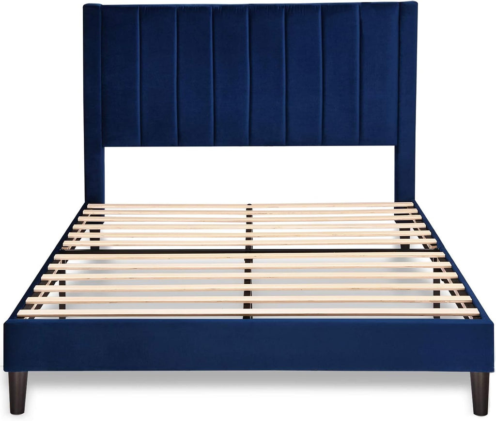 SHA CERLIN Queen Bed Frame/Velvet Upholstered Platform Bed Frame with Headboard/Strong Wood Slats Support/Mattress Foundation/No Box Spring Needed - Dark Blue