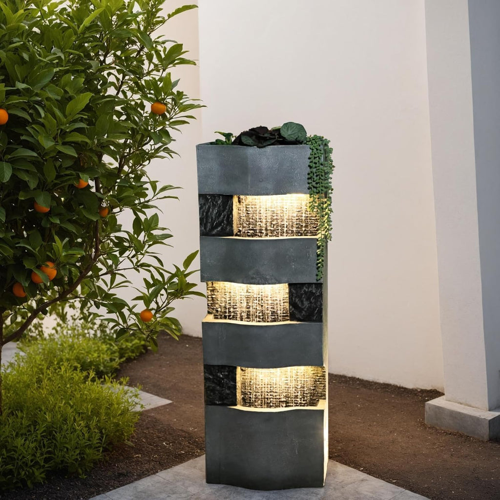 Sunlinua 40.5' H Modern Outdoor Water Fountain with LED Lights – Tall Garden Waterfall Fountain for Patio, Yard, Landscape or Indoor Decor, 4 Tiers Floor Standing Waterfall Outdoor Fountains