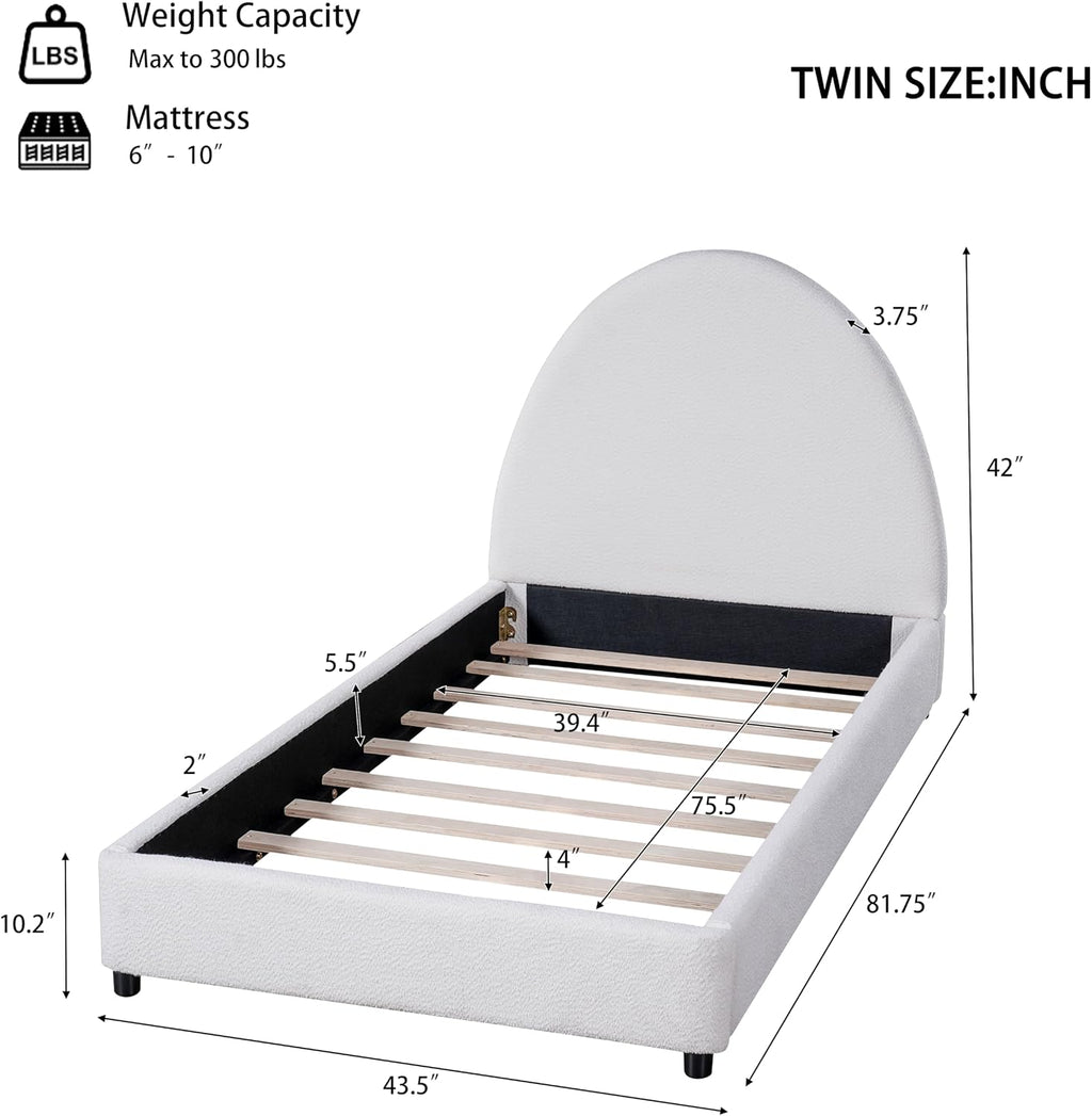 JIVOIT Modern Twin Size Bed Frame with Curved Round Headboard, Boucle Upholstered Platform Bed Frame with Sturdy Support Slats, No Box Spring Needed