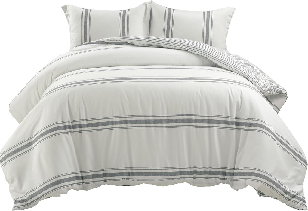 Lush Decor Farmhouse Stripe Reversible Cotton Duvet Cover Set 3 Piece Set, King Dark Gray - Bedding Set - Striped Duvet Cover King Size - Farmhouse Decor