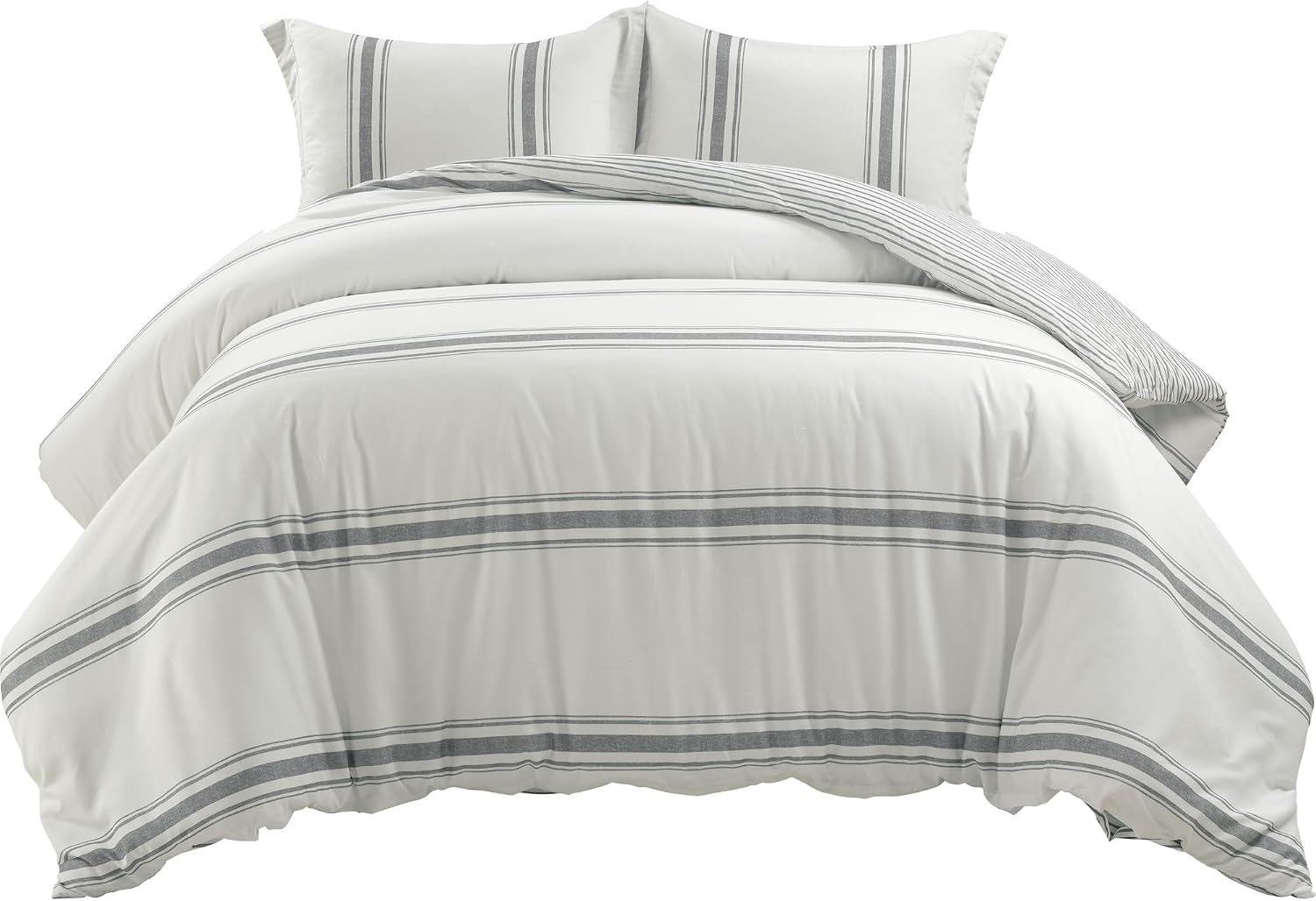 Lush Decor Farmhouse Stripe Reversible Cotton Duvet Cover Set 3 Piece Set, King Dark Gray - Bedding Set - Striped Duvet Cover King Size - Farmhouse Decor