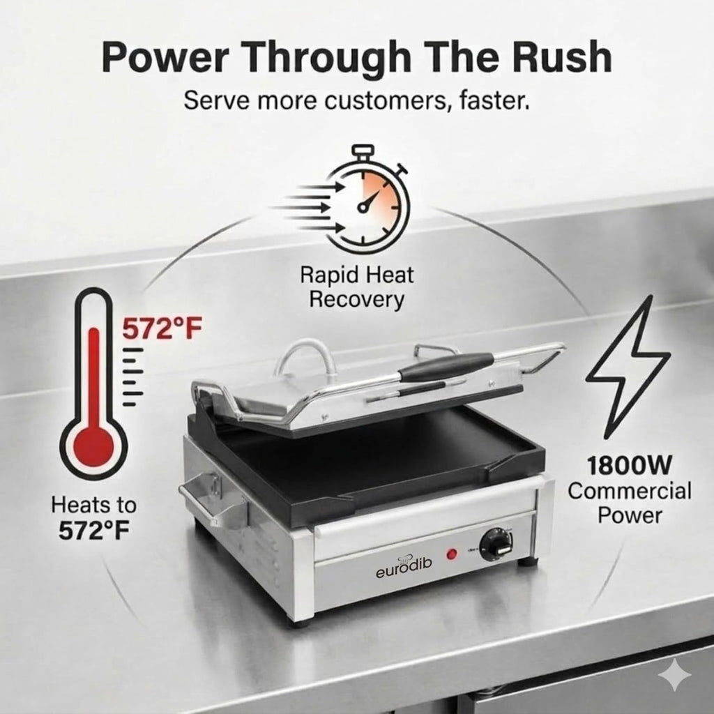 Eurodib SFE02340 Commercial Panini Press & Sandwich Grill, All-Flat Plates, Cast Iron, Adjustable Thermostat up to 572°F (300°C), Stainless Steel, 120V