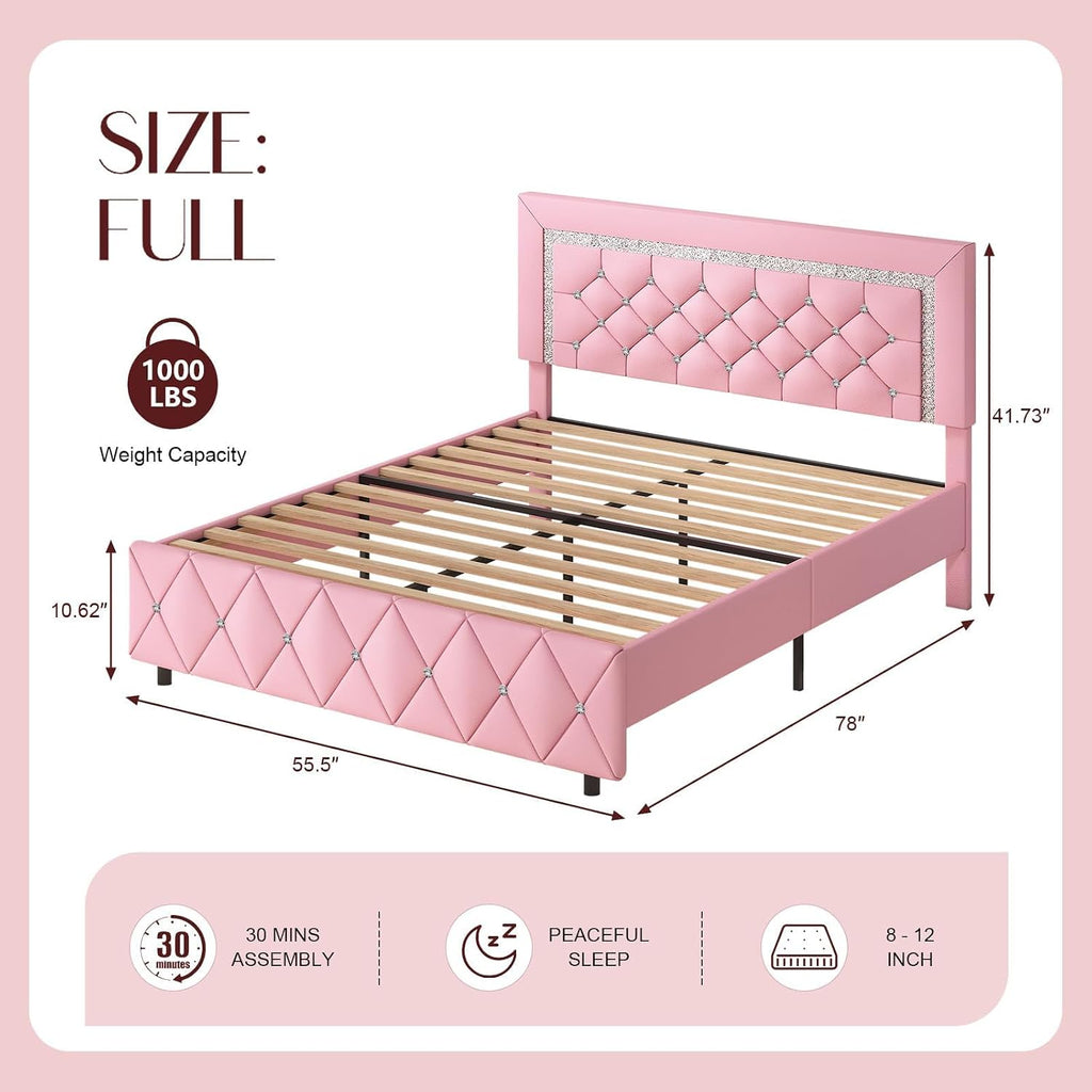 HOMBCK Full Size Bed Frame with Diamond Headboard, Faux Leather Upholstered Platform Bed, Mattress Foundation, No Box Spring Needed, Easy Assembly, Pink