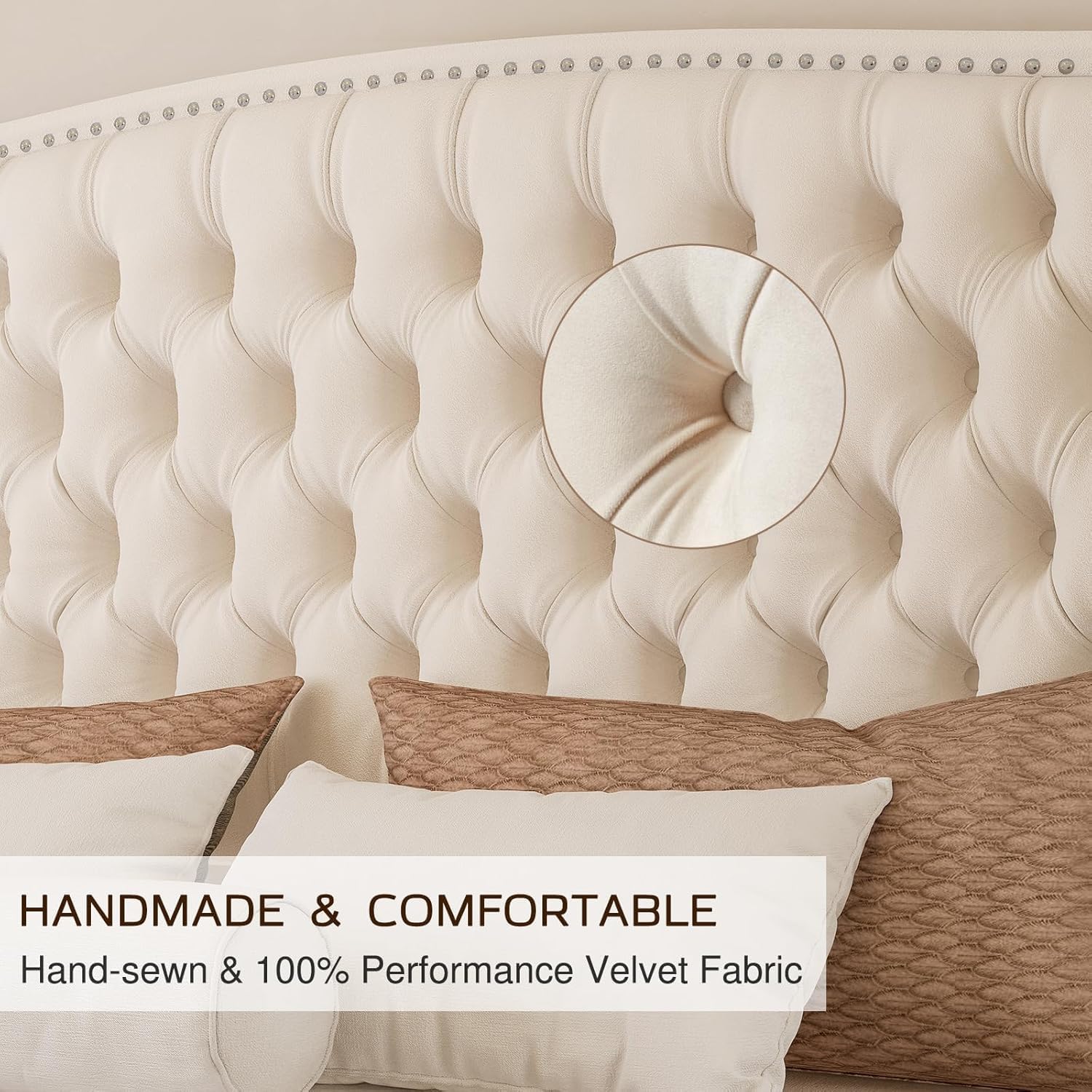 LUXOAK California King Platform Bed Frame, Velvet Upholstered Bed Frame with Wingback Headboard Handmade, Button Tufted & Nailhead, Wooden Slats Support, Cream