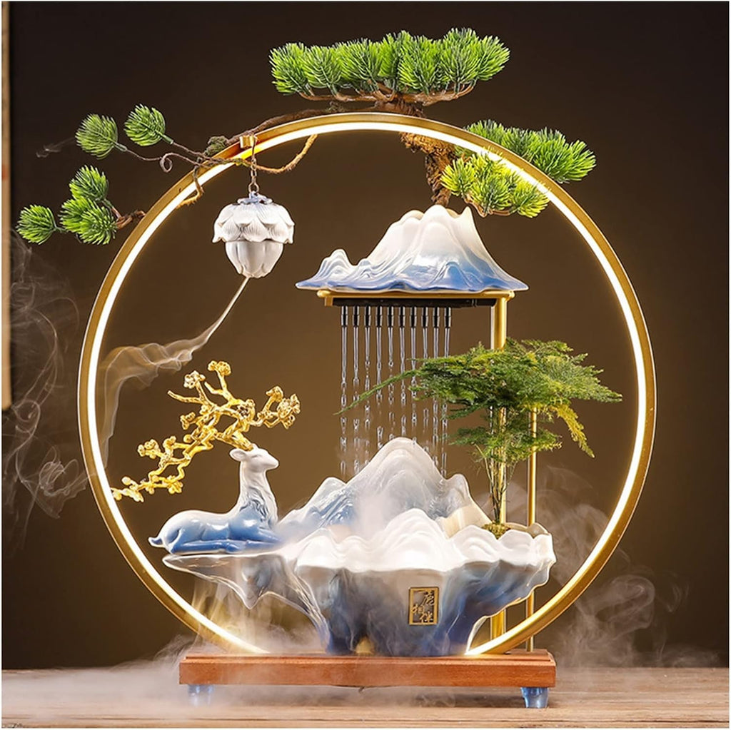 Ceramics Rockery Waterfall Indoor Mini Tabletop Water Fountain with LED Lights, Atomizing Humidifier Home Office Decorations Lucky Flowing Water Decoration (Color : Style 3)