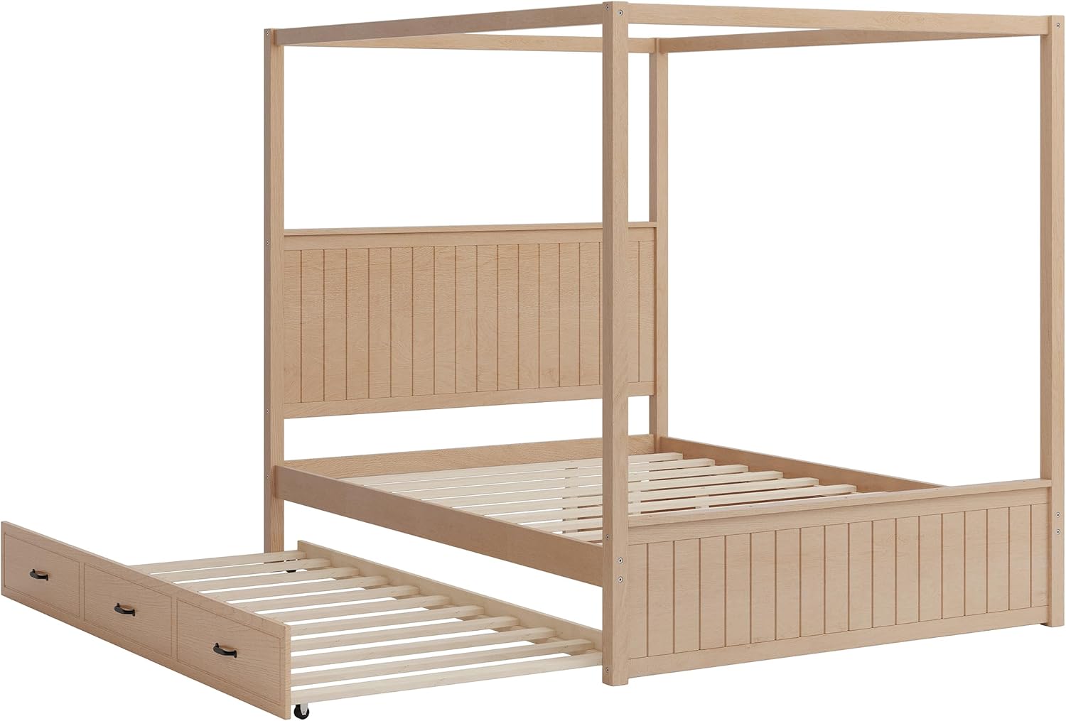 Queen Size Canopy Bed with Trundle and Three Storage Drawers, 4-Post Wood Bed Frame with Headboard, No Box Spring Needed (Natural)