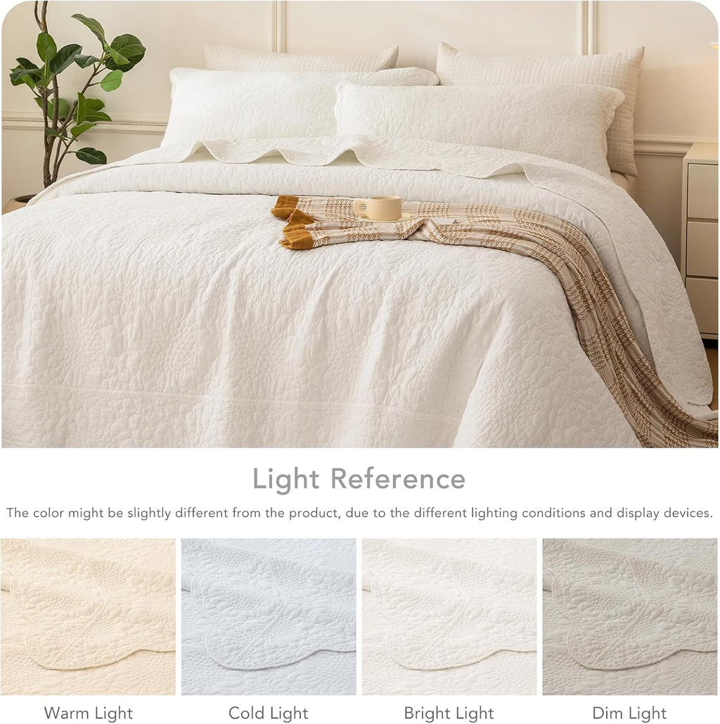 QSH Milk White Stonewashed Cotton Oversized King Bedspread (128'x120'),3PCs Farmhouse Rustic Wave Pattern Quilt California King, Soft Lightweight Crinkled Quilt Coverlet Bedding with Pillow Shams