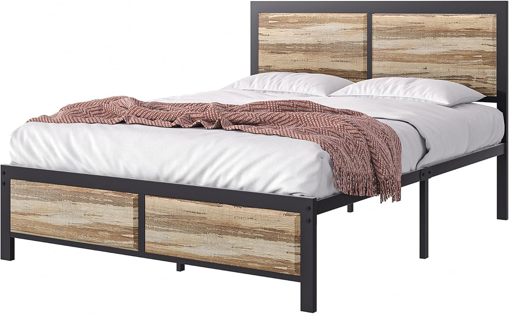 VECELO Queen Size Bed Frame with Wood Headboard and Footboard, 14 Inch Platform Mattress Foundation, No Box Spring Needed, Heavy Duty Slats Support, Easy Assembly, Rustic Oak