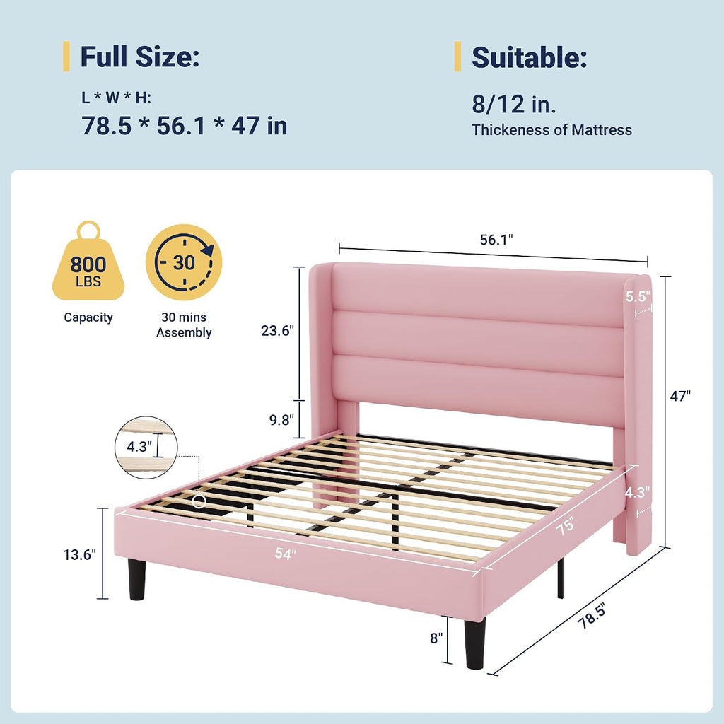 Allewie Full Size Platform Bed Frame with Velvet Upholstered Wingback Headboard, No Box Spring Needed, Under Bed Storage Space, Strong Wooden Slats, Modern Mattress Foundation, Easy Assembly, Pink