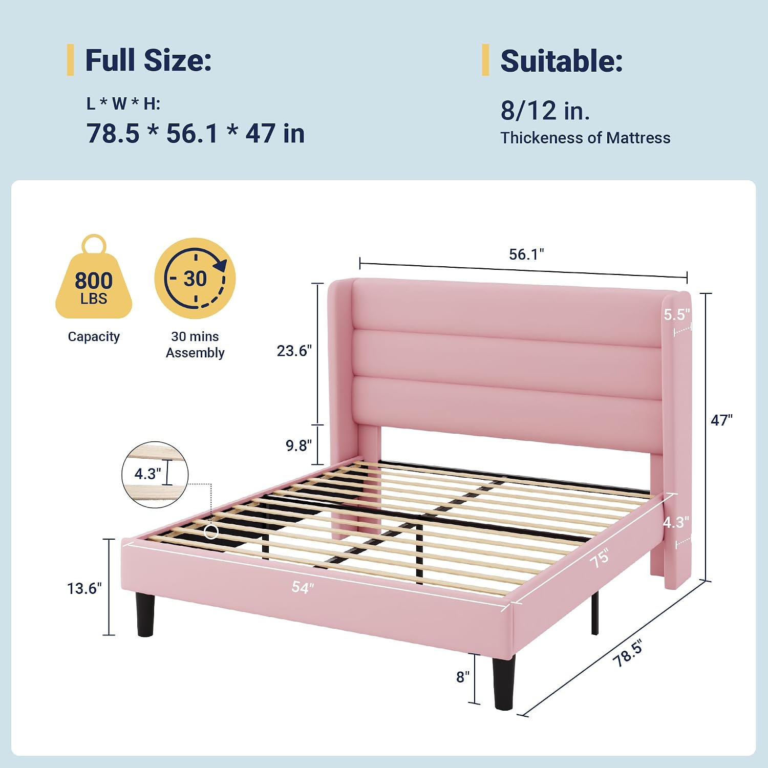 Allewie Full Size Platform Bed Frame with Velvet Upholstered Wingback Headboard, No Box Spring Needed, Under Bed Storage Space, Strong Wooden Slats, Modern Mattress Foundation, Easy Assembly, Pink