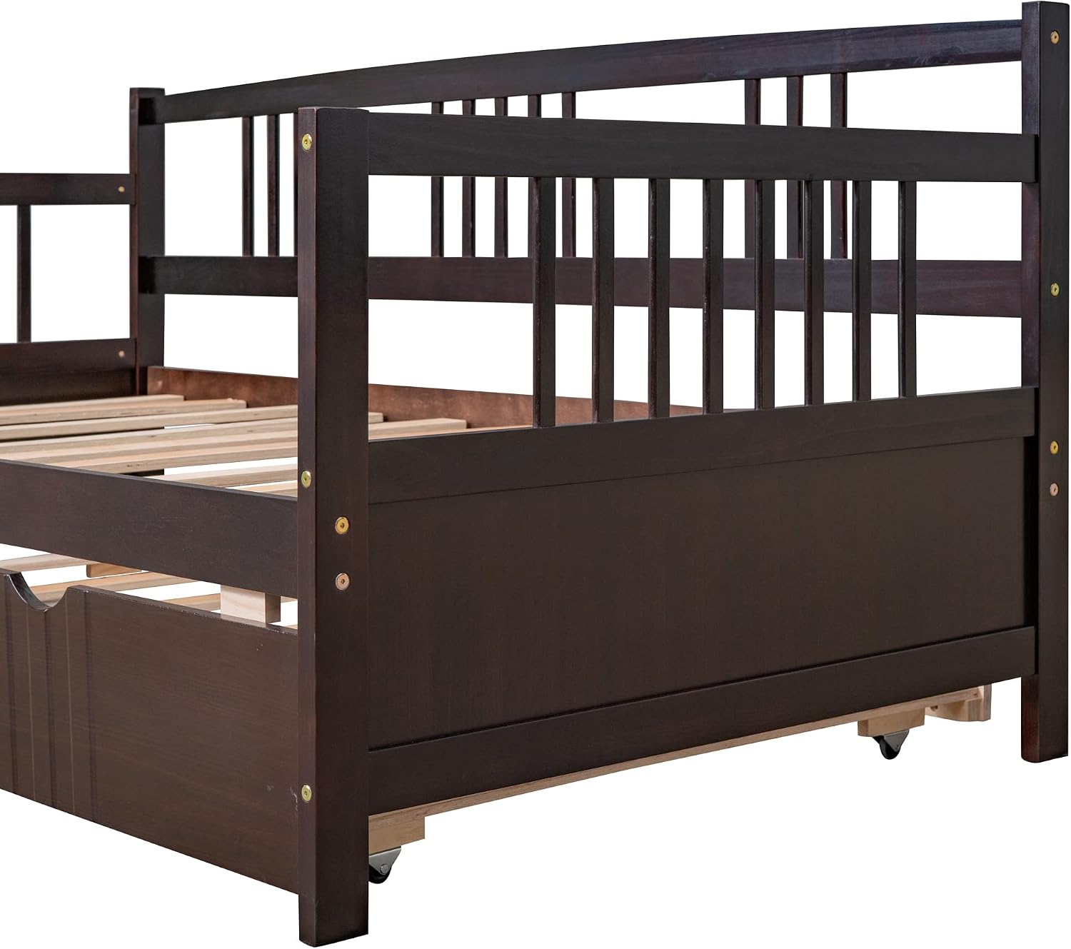 Merax Daybed with Trundle Bed Wooden Slats Support Modern Living Daybed with Rails, Twin Size, Espresso