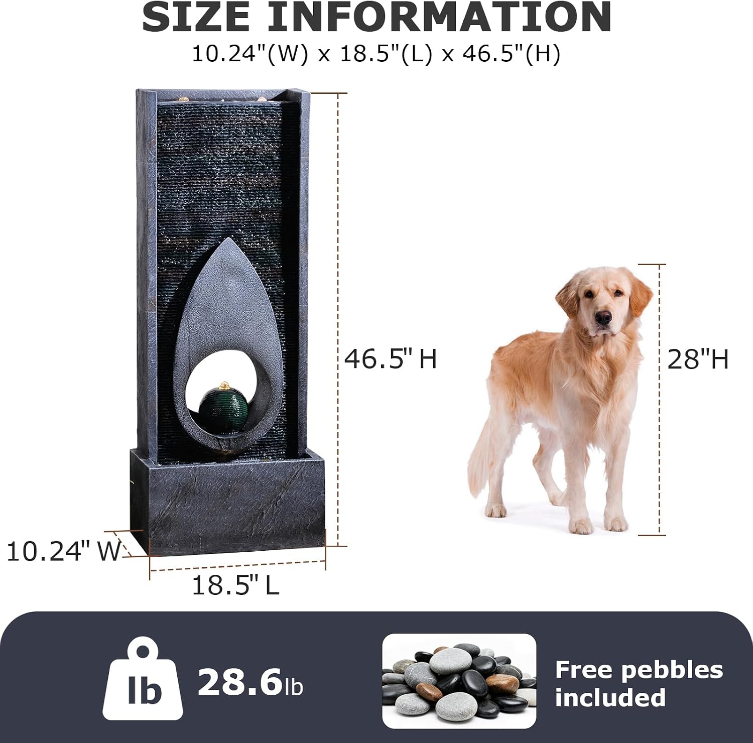 46.5''Tall Modern Water Fountain Indoor Outdoor Waterfall Feature Floor Standing with Sphere and LED Lights for Garden, Yard, Patio, Deck, Porch, Livingroom Decor