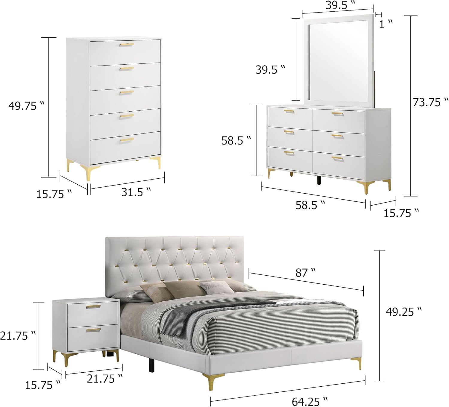 Benzara Dle 5 Piece Queen Bedroom Set, White Faux Leather, Modern Gold Accents