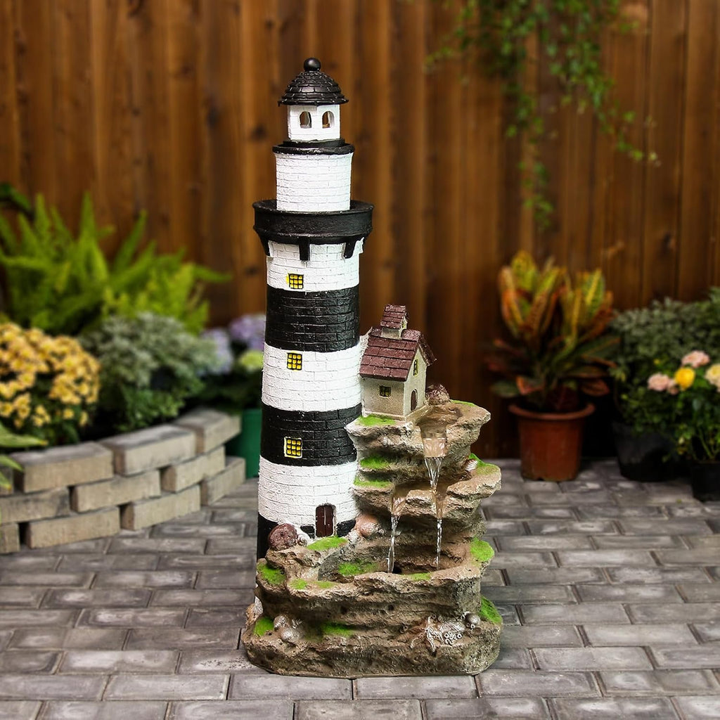 YZM 38.58' H Lighthouse Floor Waterfall Fountain with LED Lights 3-Tiered Rock Water Fountain Outdoor Garden for Patio Backyard Home Decor