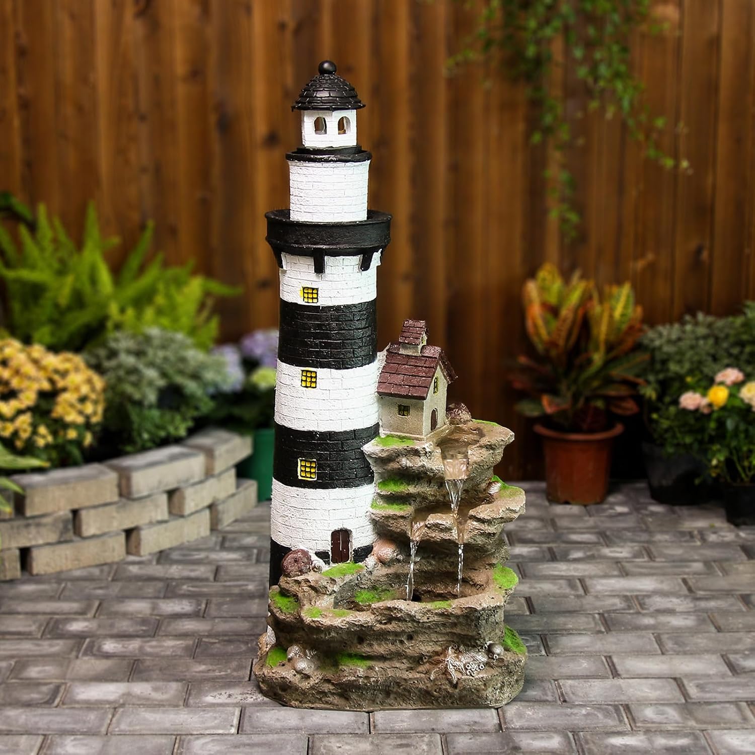 YZM 38.58' H Lighthouse Floor Waterfall Fountain with LED Lights 3-Tiered Rock Water Fountain Outdoor Garden for Patio Backyard Home Decor