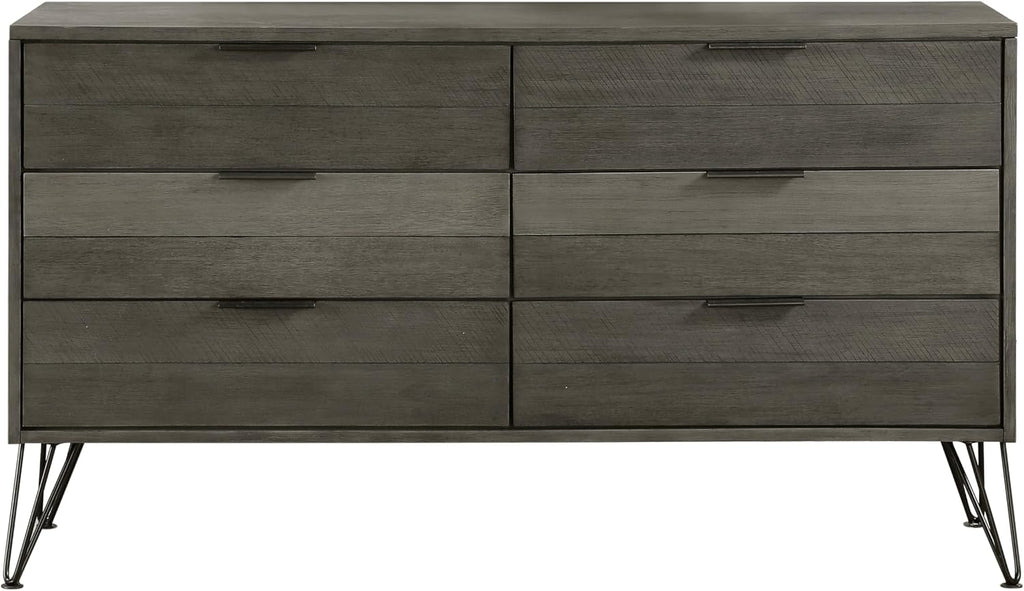 5-Piece Modern Queen Size Bed Set Panel Gray Finish Solid Acacia Wood Metal Legs Bedroom Furniture