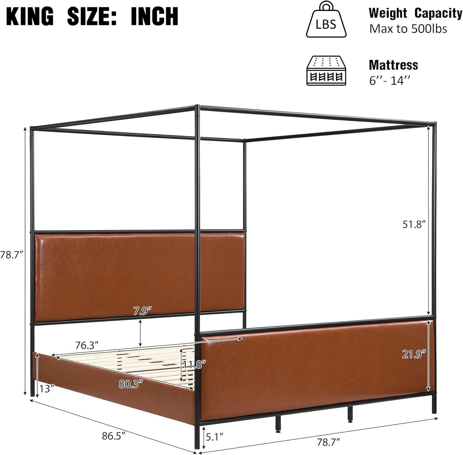 King Size Canopy Bed Frame with Tall Upholstered Headboard and Iron Legs, No Box Spring Needed (Brown+Black, King)