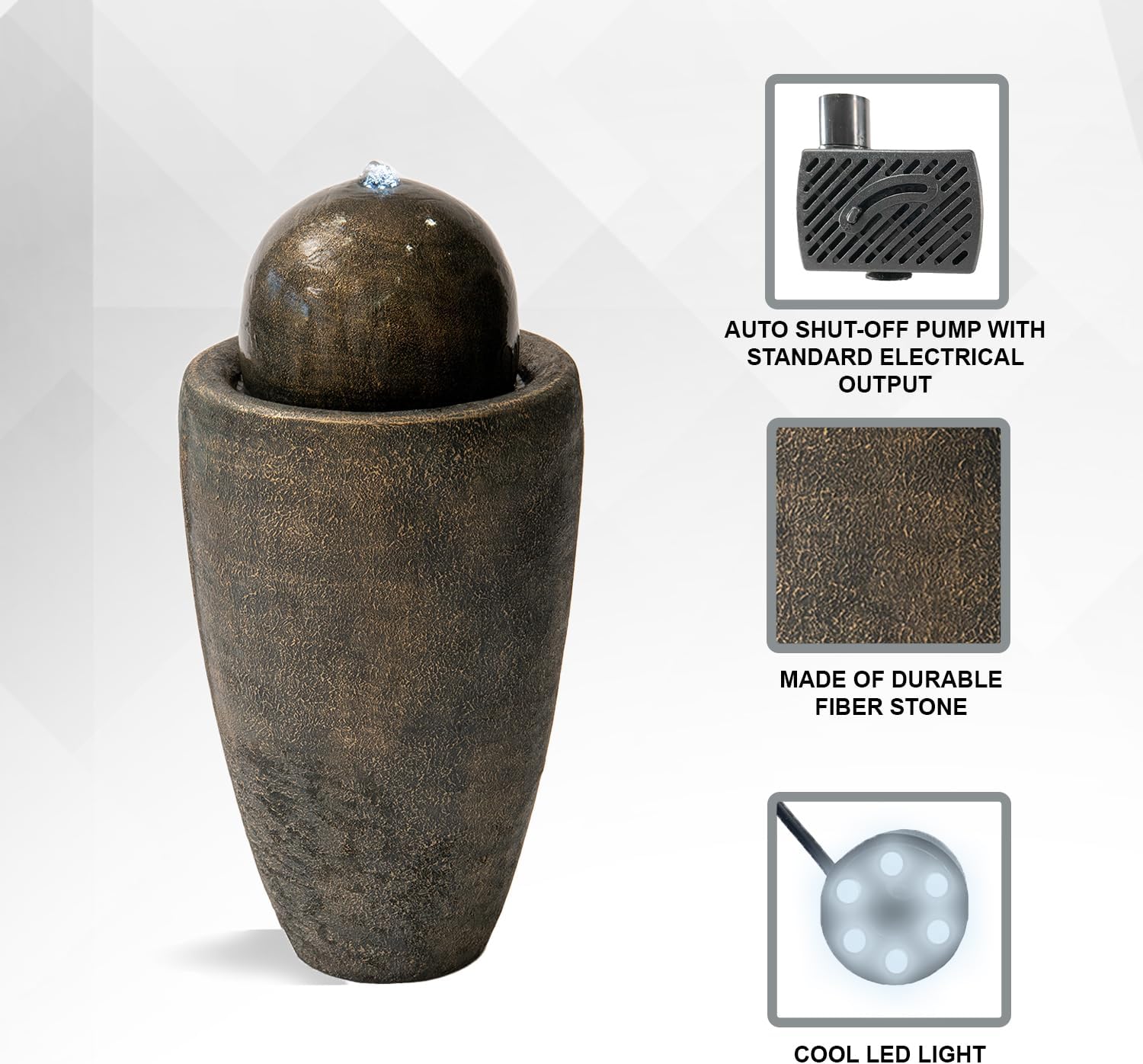 XBrand 25.98' Modern Sphere Water Fountain with LED Light – Indoor Outdoor Stone Texture Floor Fountain, Zen Bubbling Ball Water Feature for Garden Patio Porch - Bronze