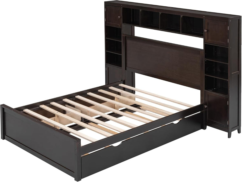 Harper & Bright Designs Full Platform Bed with All-in-One Cabinet, Shelf and Sockets Wood Full Size Beds with Trundle & 2 Drawers, Full Bed Frame for Bed Room, No Box Spring Needed,Espresso