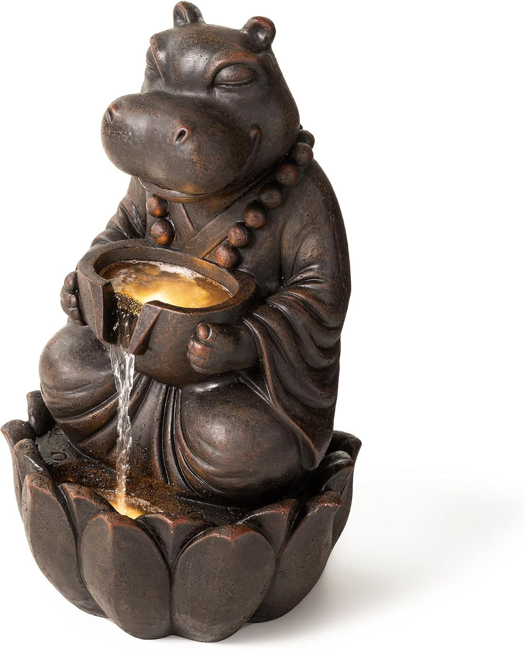 Glitzhome Water Fountain Outdoor, Outdoor Fountain with Lights, Zen-Style Water Fountain with Pump, 22' H 2-Tiered Bronze Hippo Polyresin Water Feature for Home Patio Garden Backyard Decor