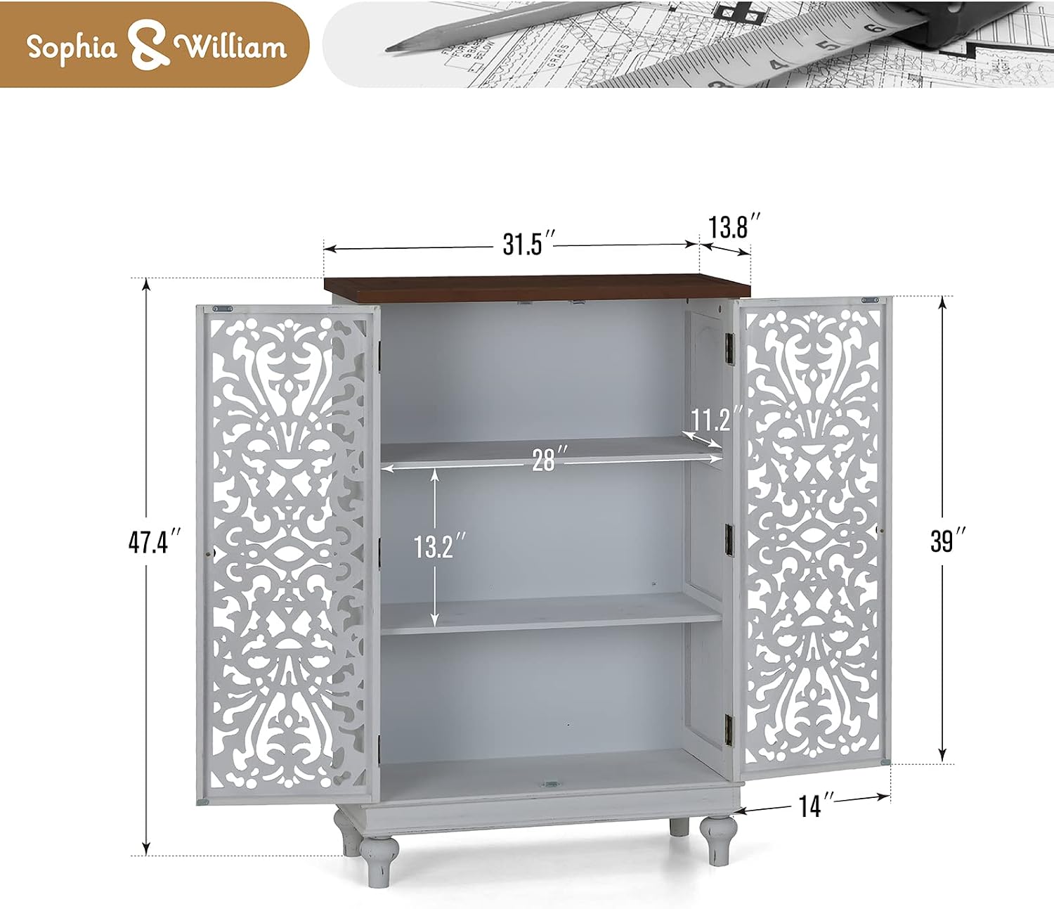 Sophia & William Tall Storage Cabinet 47.4', Decorative 2-Door Tall Accent Cabinet, for Living Room, Dining Room, White