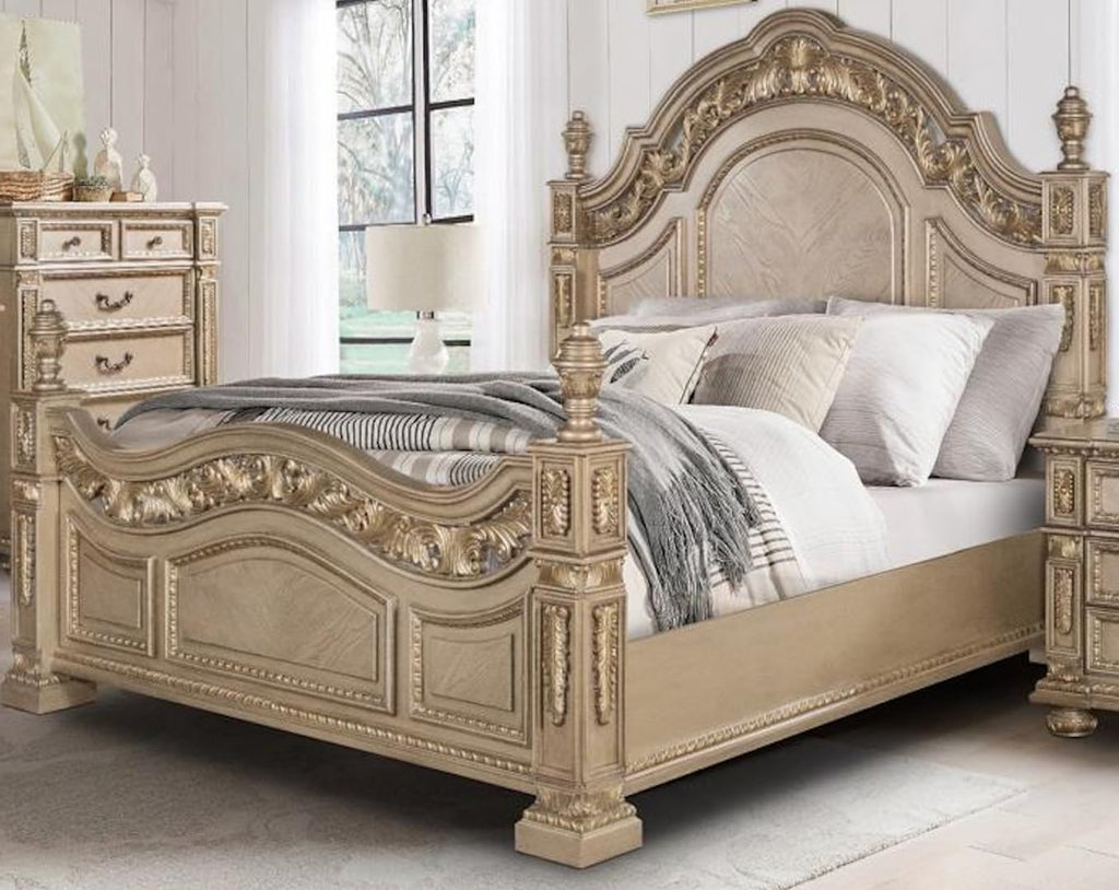 First of a Kind Carolina Gold Finish Traditional 5 Piece Queen Bedroom Set with Upholstered Tufted Headboard Ornate European Inspired Design Coordinated Furniture Collection