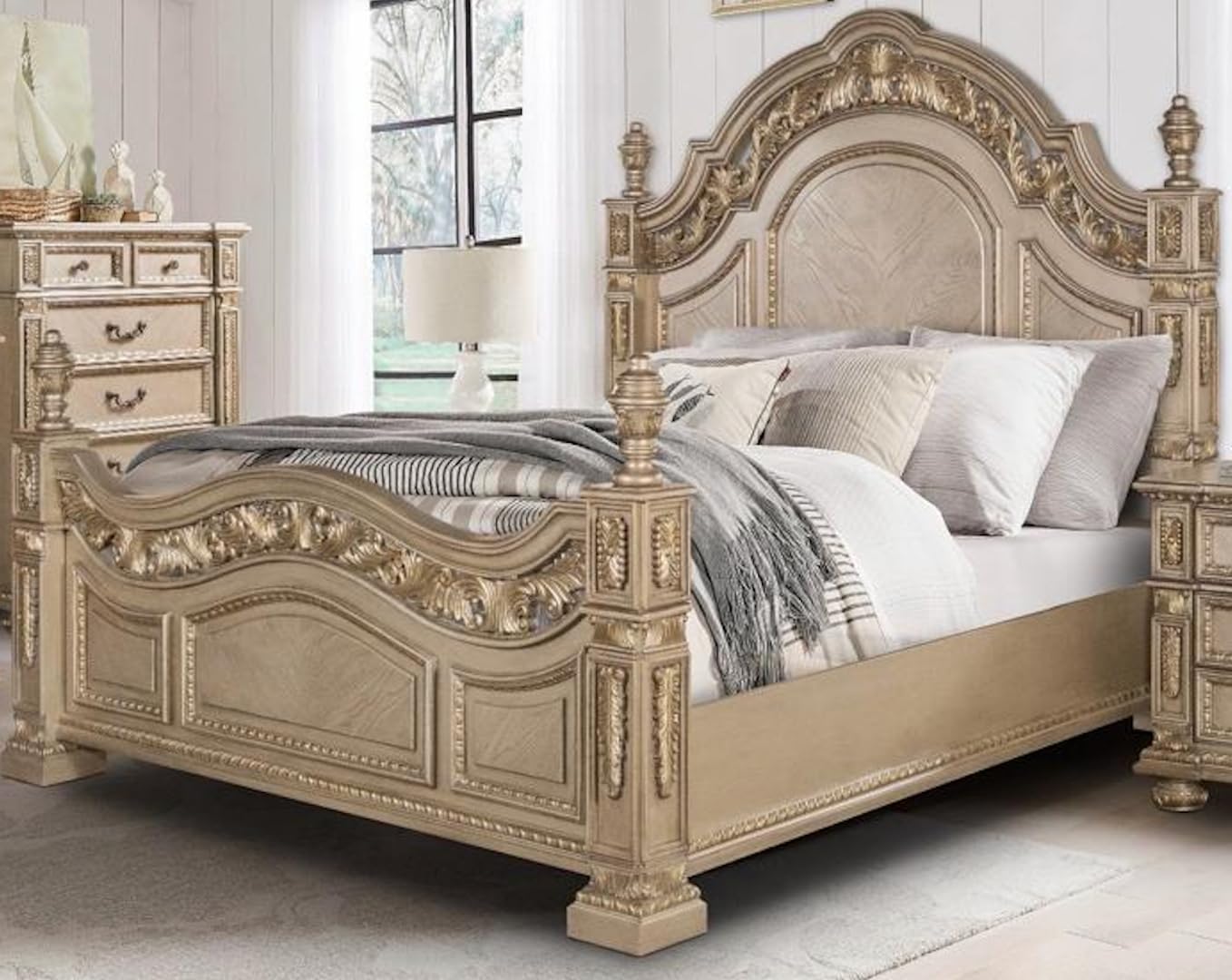 First of a Kind Carolina Gold Finish Traditional 5 Piece Queen Bedroom Set with Upholstered Tufted Headboard Ornate European Inspired Design Coordinated Furniture Collection